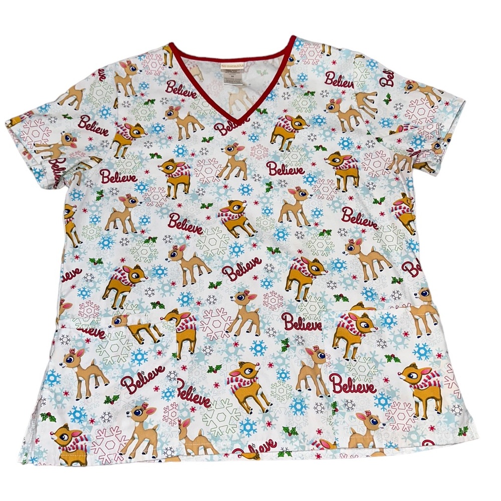 Rudolph The Red Nosed Reindeer "Believe" Christmas Xmas Scrub Top Women's Size M